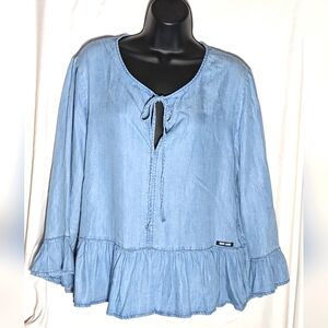 Women's DNKY Blue Top with ruffle detail & tie‎ neck | size L